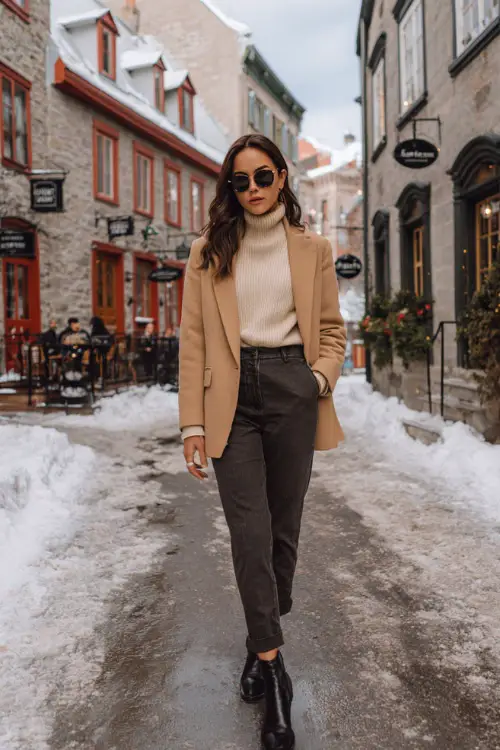 A classy woman wears a tailored camel wool jacket over a cream cashmere turtleneck, paired with dark straight-leg trousers and leather boots 