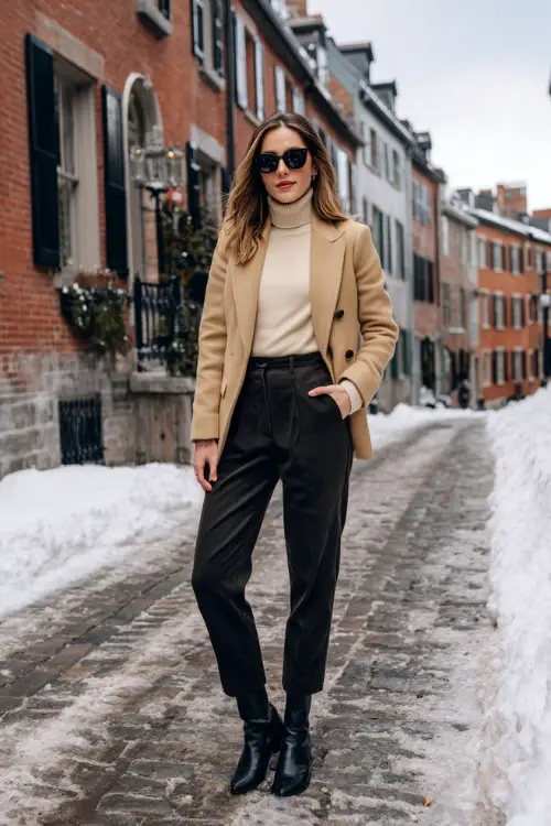 A classy woman wears a tailored camel wool jacket over a cream cashmere turtleneck, paired with dark straight-leg trousers and leather boots