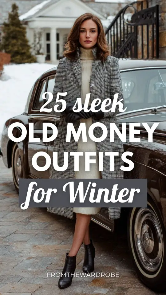 A classy woman wears a winter old money outfit with an ivory wool knit dress under a gray houndstooth coat, paired with low-heeled boots and leather gloves