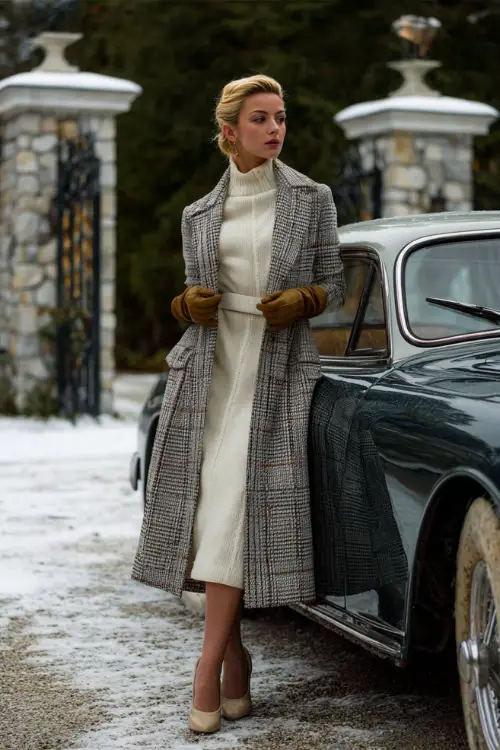 A classy woman wears an ivory wool knit dress under a gray houndstooth coat, paired with low-heeled boots and leather gloves 