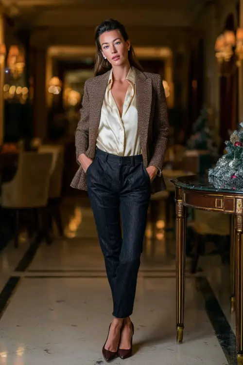 A classy woman wears dark denim with a cream silk blouse and a tailored tweed jacket, styled with low heels and pearl earrings, standing full body in a private club lobby with winter decor