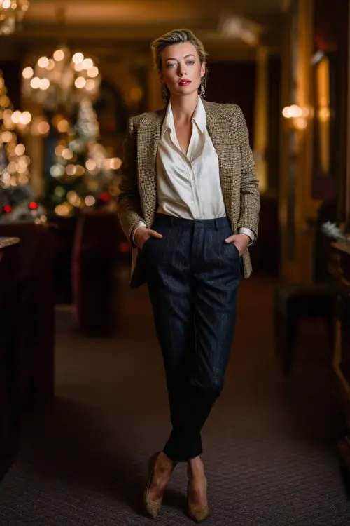 A classy woman wears dark denim with a cream silk blouse and a tailored tweed jacket, styled with low heels and pearl earrings, standing full body in a private club lobby with winter decor