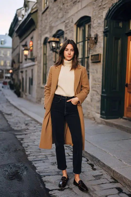 A classy woman wears dark high-waisted straight-leg jeans with a cream cashmere turtleneck, a camel wool coat, and leather loafers