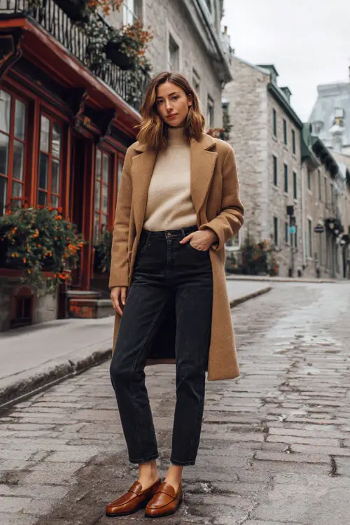 A classy woman wears dark high-waisted straight-leg jeans with a cream cashmere turtleneck, a camel wool coat, and leather loafers