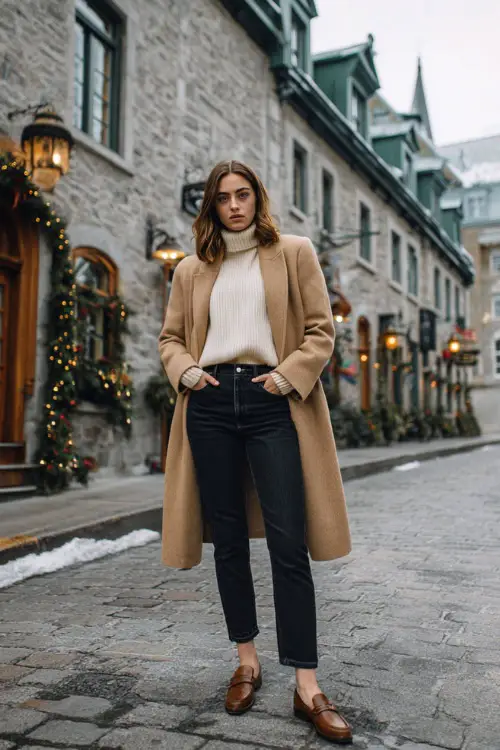 A classy woman wears dark high-waisted straight-leg jeans with a cream cashmere turtleneck, a camel wool coat, and leather loafers