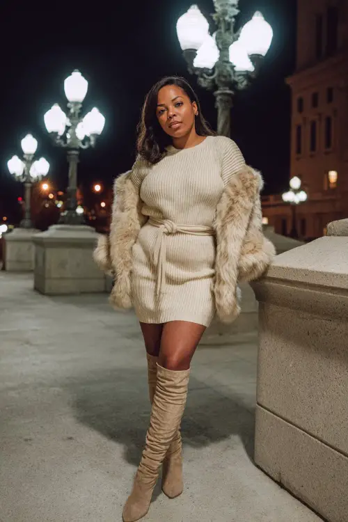 A curvy Black woman wears a cream ribbed sweater dress with a belted waist, paired with knee-high suede boots and a chic faux-fur jacket