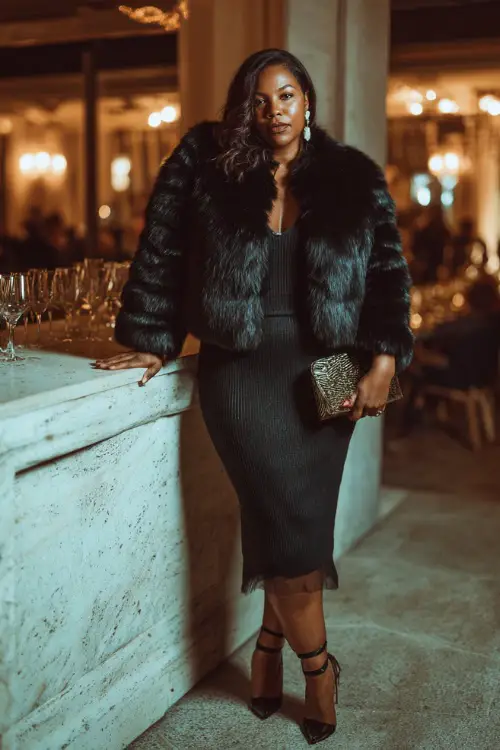 A curvy Black woman wears a stylish black faux-fur coat over a fitted knit dress, paired with heeled boots and a statement clutch