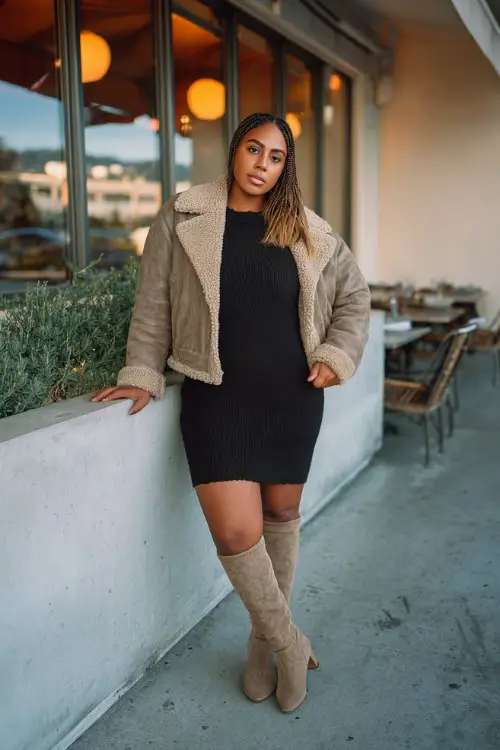 A curvy woman wears a black sweater dress with tall suede boots and a chic shearling jacket