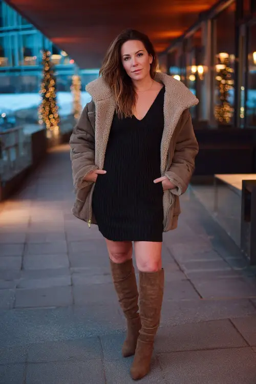 A curvy woman wears a black sweater dress with tall suede boots and a chic shearling jacket, posing near a modern restaurant with glowing windows on a crisp winter evening