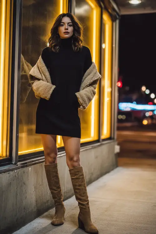 A curvy woman wears a black sweater dress with tall suede boots and a chic shearling jacket