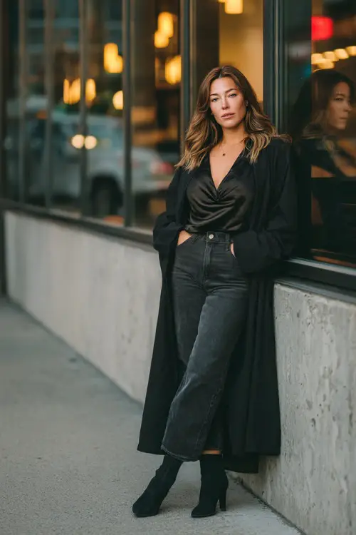 A curvy woman wears a black wrap blouse with a satin finish, dark straight-leg jeans, heeled booties, and a long tailored coat