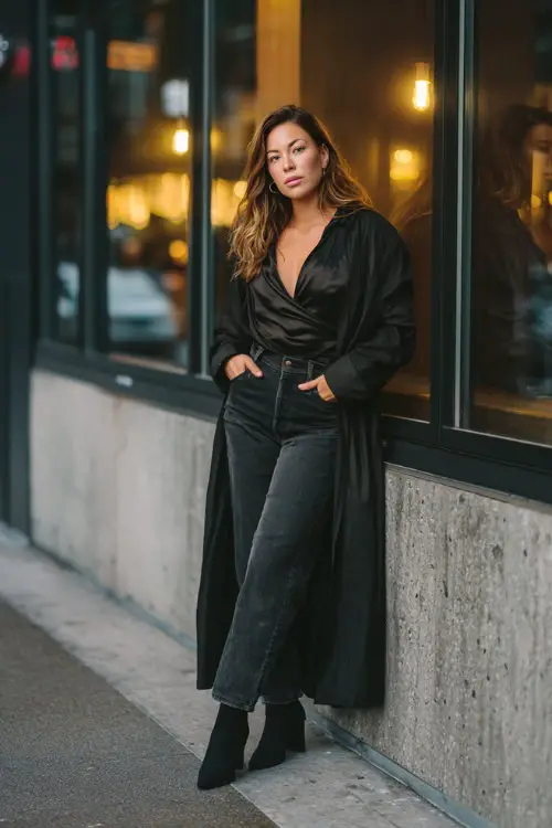 A curvy woman wears a black wrap blouse with a satin finish, dark straight-leg jeans, heeled booties, and a long tailored coat 