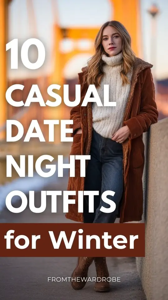A curvy woman wears a casual winter date night outfit with a soft turtleneck sweater with a long parka, straight-leg jeans, and warm ankle boots