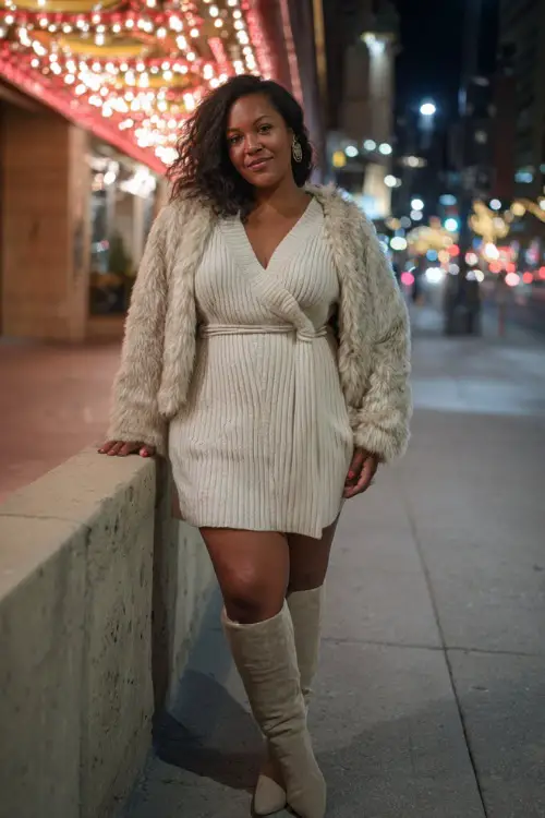 A curvy woman wears a cream ribbed sweater dress with a belted waist, paired with knee-high suede boots and a cozy faux-fur jacket