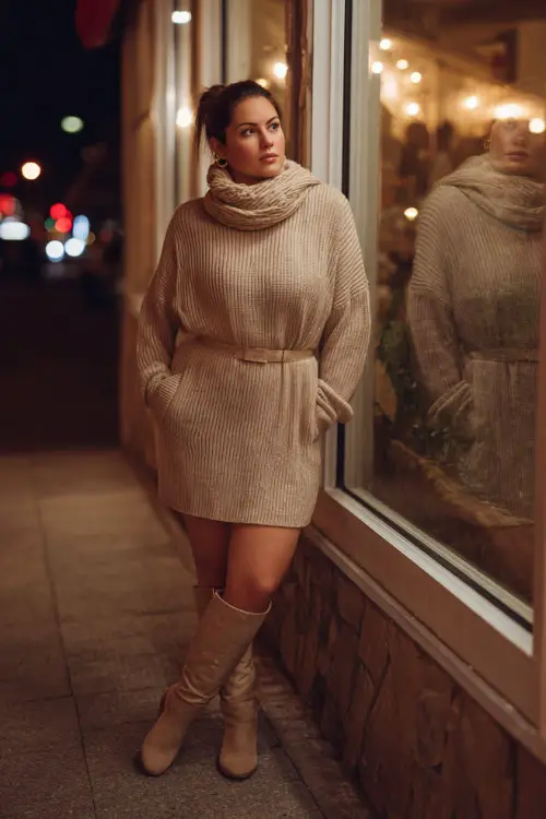 A curvy woman wears a ribbed beige sweater dress with a waist belt, paired with knee-high flat boots and a simple wool scarf