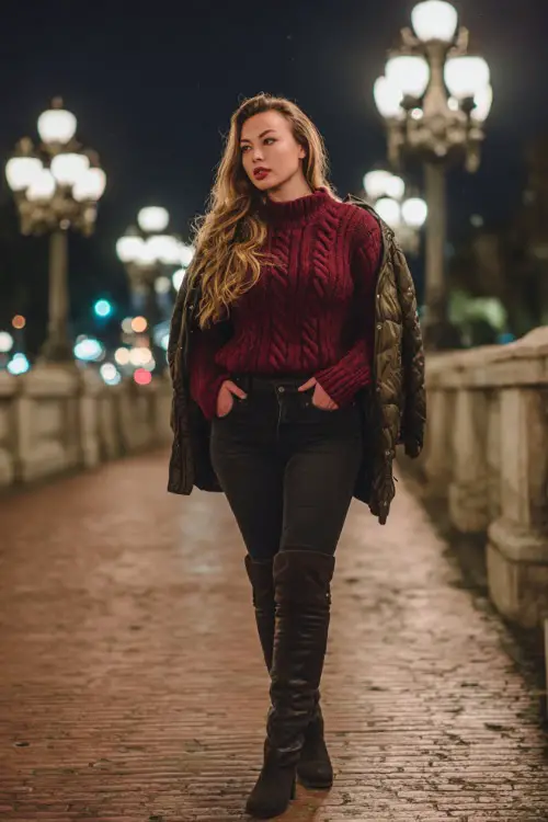 A curvy woman wears a ribbed burgundy sweater with dark skinny jeans, knee-high boots, and a quilted jacket, standing near glowing street lamps on a cold winter date 