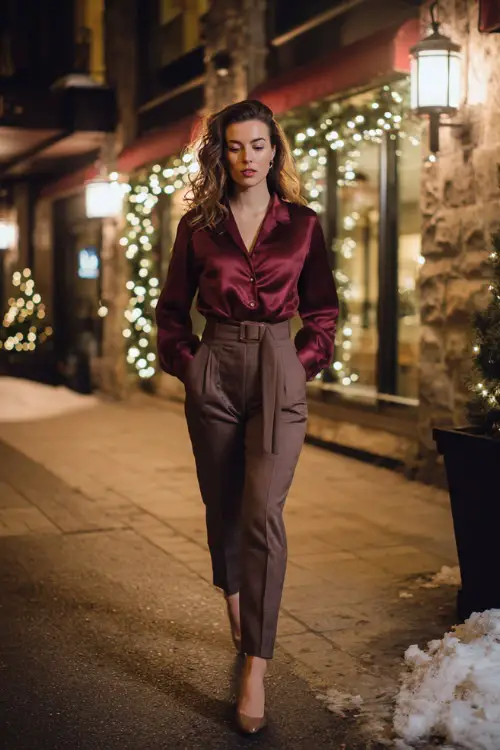 A curvy woman wears a satin burgundy blouse tucked into tailored high-waisted pants, styled with heeled pumps and a long belted coat