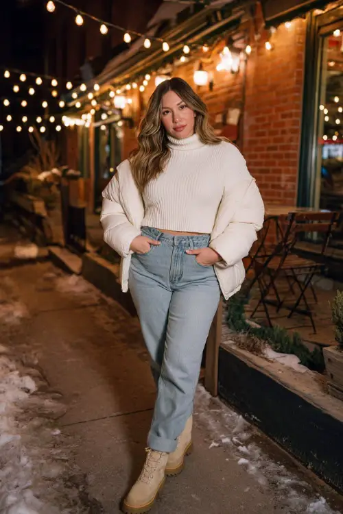 A curvy woman wears a simple white ribbed turtleneck with a cropped puffer jacket, straight jeans, and warm winter boots