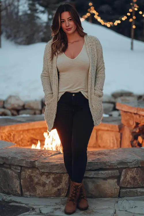 A curvy woman wears a soft beige cardigan layered over a simple long-sleeve top, black skinny jeans, and brown ankle boots, standing near a cozy outdoor firepit on a winter date