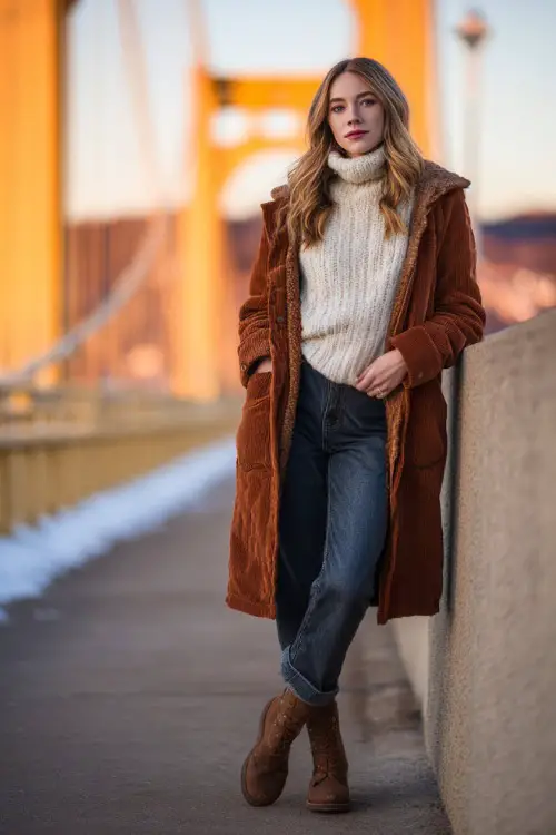 A curvy woman wears a soft turtleneck sweater with a long parka, straight-leg jeans, and warm ankle boots, standing beside a winter-lit bridge during a casual date stroll