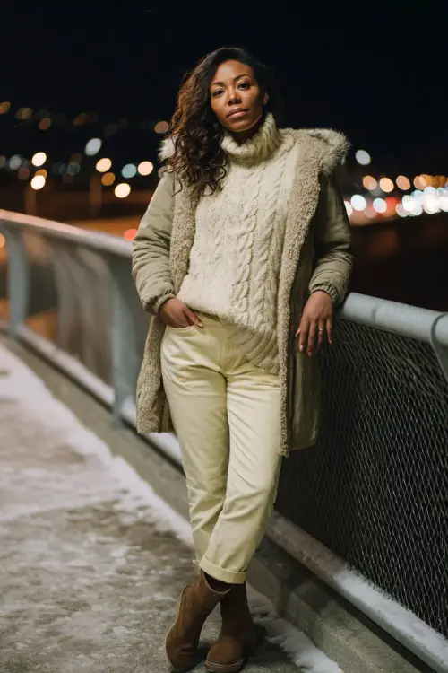 A curvy woman wears a soft turtleneck sweater with a long parka, straight-leg jeans, and warm ankle boots