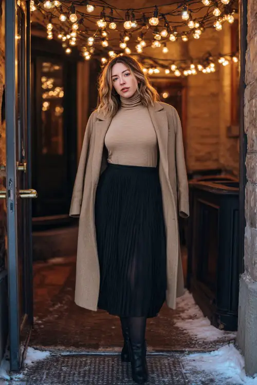 A curvy woman wears a warm beige turtleneck tucked into a pleated black midi skirt, styled with tights, ankle boots, and a long wrap coat