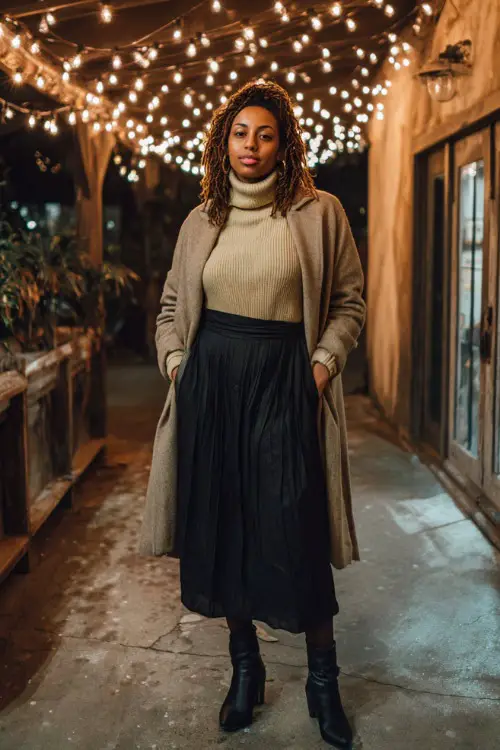 A curvy woman wears a warm beige turtleneck tucked into a pleated black midi skirt, styled with tights, ankle boots, and a long wrap coat
