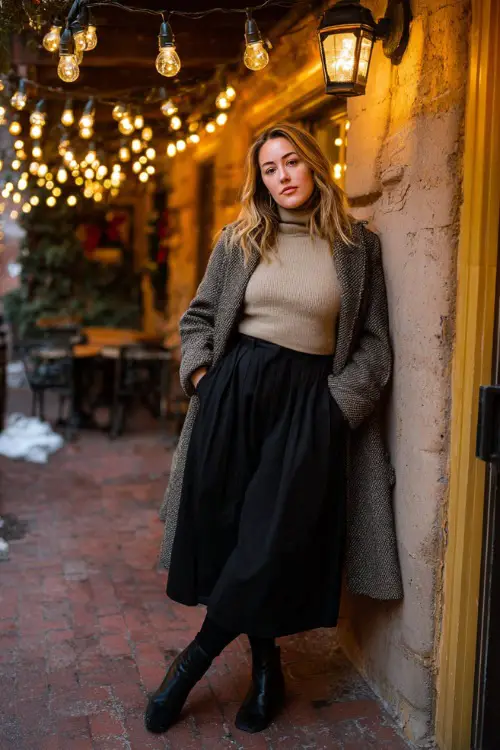 A curvy woman wears a warm beige turtleneck tucked into a pleated black midi skirt, styled with tights, ankle boots, and a long wrap coat