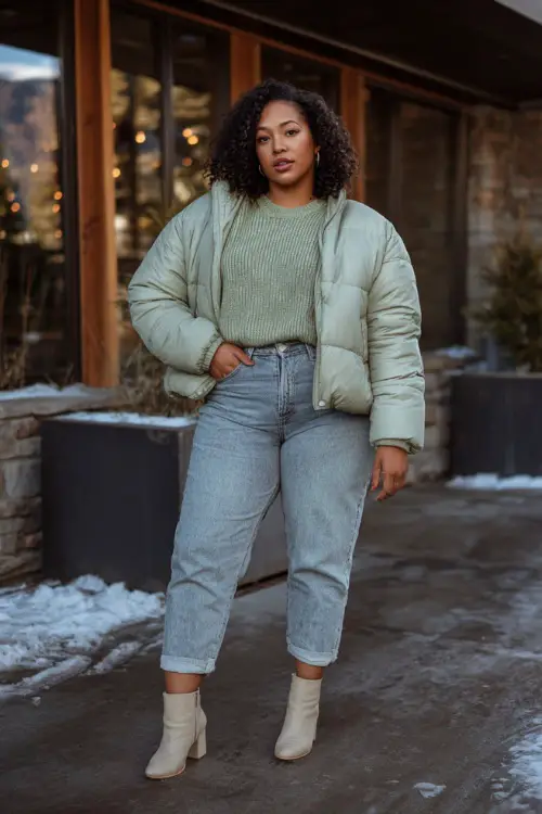 A curvy woman wears a warm sage-green sweater with high-waisted jeans, heeled booties, and a padded puffer jacket, posing outside a modern winter date-night restaurant