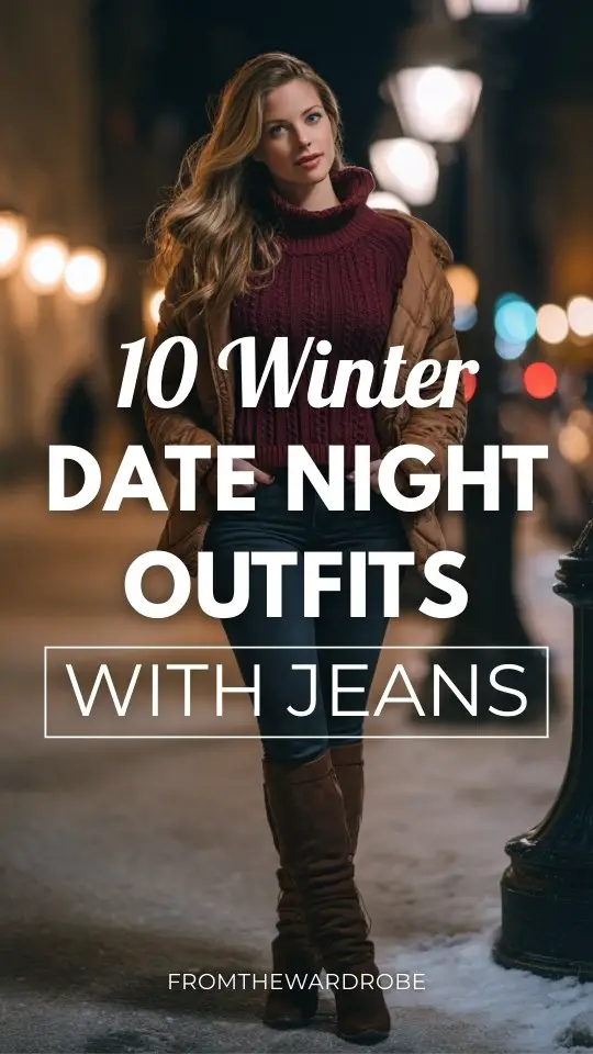 A curvy woman wears a winter date night outfit with jeans, a ribbed burgundy sweater, knee-high boots, and a quilted jacket