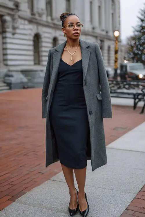 A midsize woman over 30 wears a sleek navy midi dress layered under a tailored gray coat, styled with classic heels and minimal jewelry, standing on a winter-lit city street