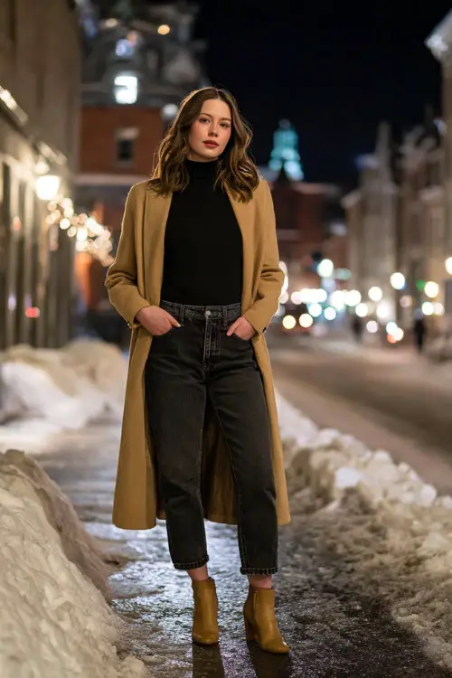 A midsize woman wears a fitted black turtleneck tucked into straight-leg dark jeans, paired with heeled ankle boots and a long camel wool coat