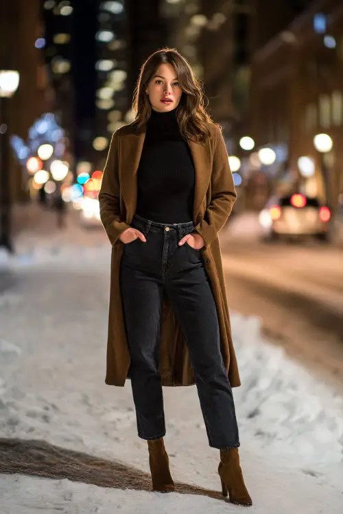 A midsize woman wears a fitted black turtleneck tucked into straight-leg dark jeans, paired with heeled ankle boots and a long camel wool coat