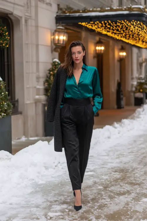 A midsize woman wears a silky emerald blouse tucked into high-waisted black trousers, styled with pointed heels and a tailored wool coat