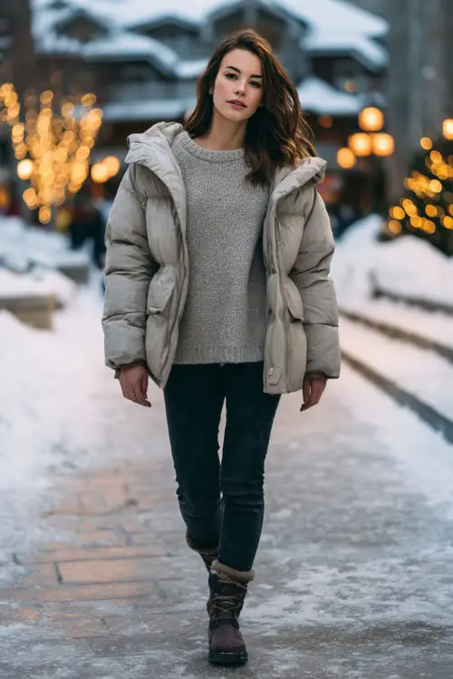 A midsize woman wears a soft gray sweater layered under a padded puffer coat, paired with dark jeans and winter ankle boots