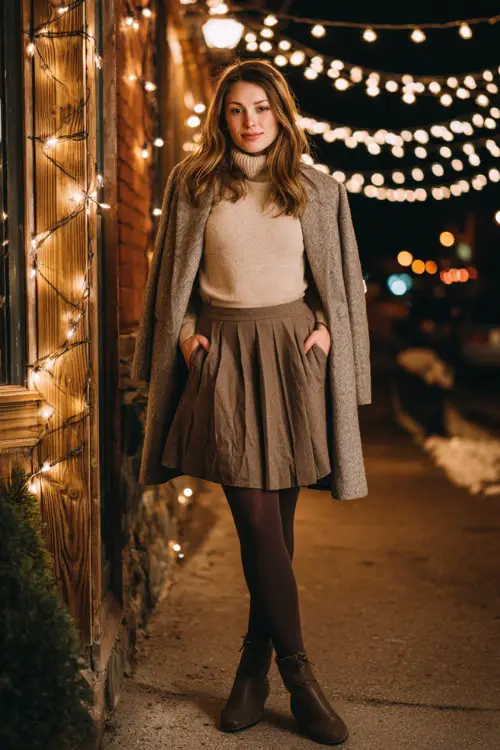 A midsize woman wears a warm beige turtleneck tucked into a pleated midi skirt, paired with tights, ankle boots, and a wool wrap coat