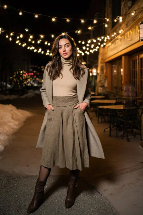 A midsize woman wears a warm beige turtleneck tucked into a pleated midi skirt, paired with tights, ankle boots, and a wool wrap coat