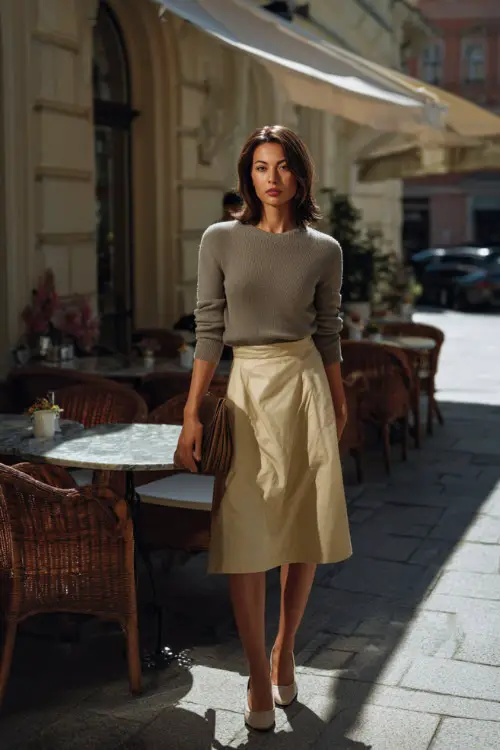 A petite woman dressed in a fitted knit sweater paired with an A-line midi skirt and low block heels, carrying a small shoulder bag
