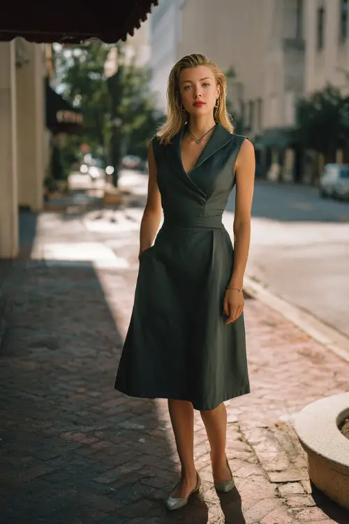 A petite woman in a tailored midi dress with a defined waist, styled with ballet flats and minimal jewelry, posing on a quiet city sidewalk near a brunch spot