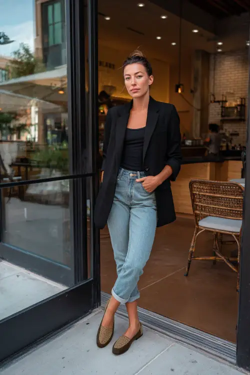 A petite woman wearing a short structured blazer layered over a simple top and straight-leg jeans, styled with loafers, standing outside a modern brunch café