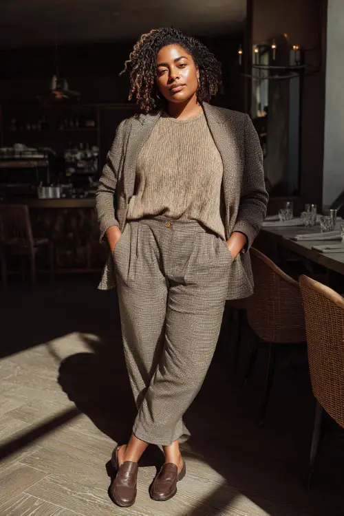 A plus-size woman dressed in a knit sweater layered under a tailored blazer and wool trousers, styled with loafers or low heels, standing in a chic indoor brunch café with natural light 