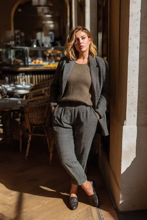 A plus-size woman dressed in a knit sweater layered under a tailored blazer and wool trousers, styled with loafers or low heels, standing in a chic indoor brunch café with natural light
