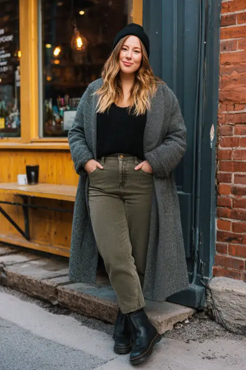 A plus-size woman dressed in straight-leg jeans with a soft knit top and a long wool coat, styled with Chelsea boots 
