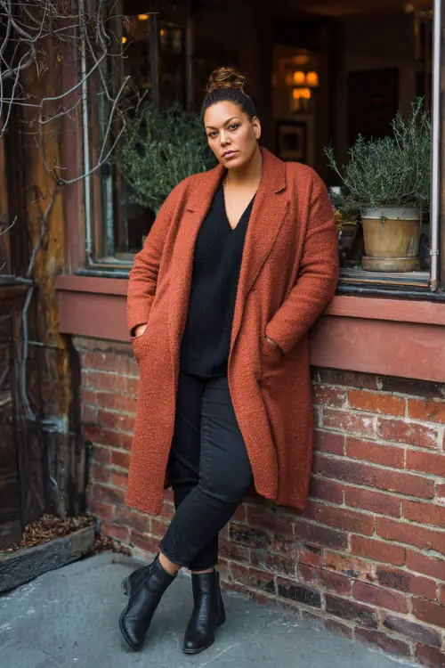 A plus-size woman dressed in straight-leg jeans with a soft knit top and a long wool coat, styled with Chelsea boots