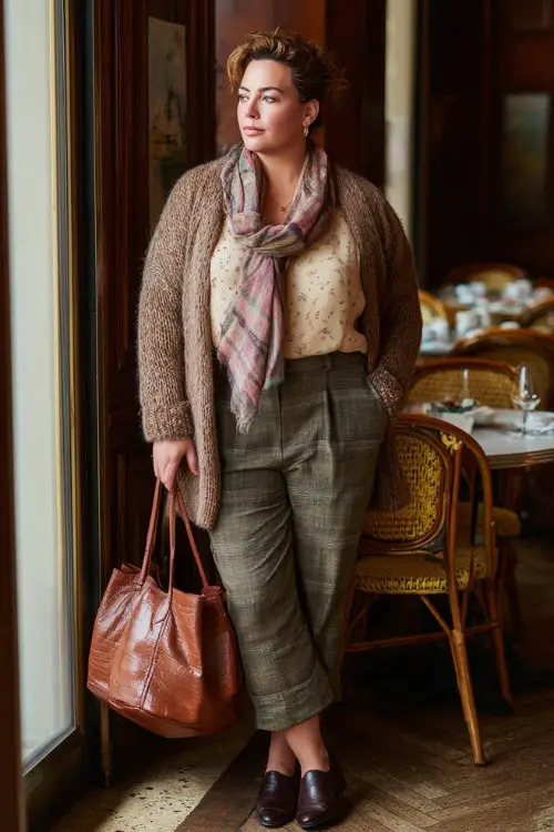 A plus-size woman in a relaxed cardigan layered over a blouse and tailored pants, accessorized with a scarf and leather tote