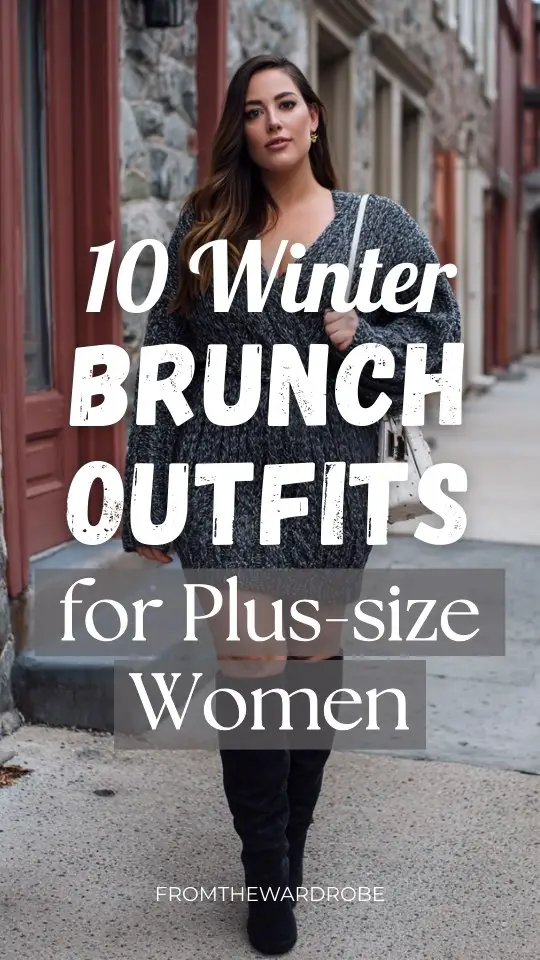 A plus-size woman in a winter brunch outfit with a sweater dress with a defined waist, paired with knee-high boots and a structured handbag