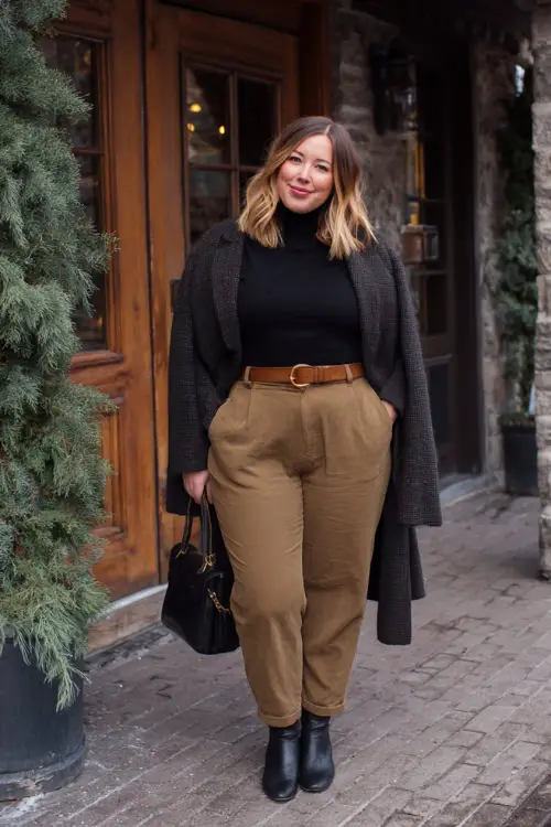 A plus-size woman in straight-leg trousers paired with a soft turtleneck and a wrap coat, styled with ankle boots and a structured handbag, standing outside a stylish winter brunch restaurant