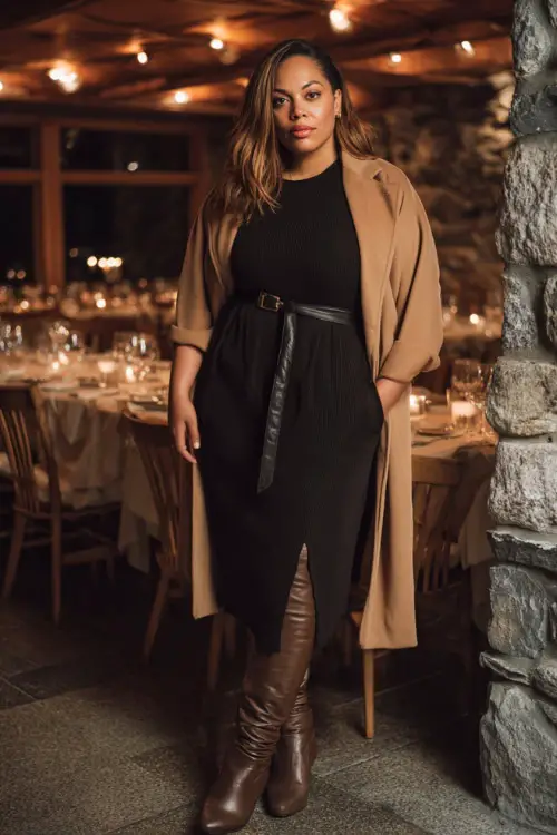 A plus-size woman over 30 wears a black knit midi dress with a belted waist, paired with knee-high leather boots and a camel coat 