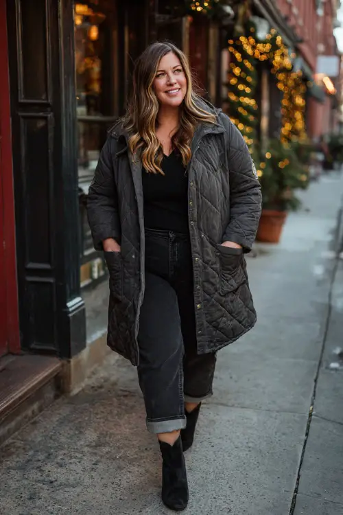 A plus-size woman over 40 wears a fitted black long-sleeve top with straight-leg jeans, heeled booties, and a quilted winter coat 