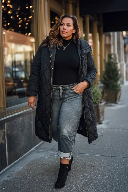 A plus-size woman over 40 wears a fitted black long-sleeve top with straight-leg jeans, heeled booties, and a quilted winter coat